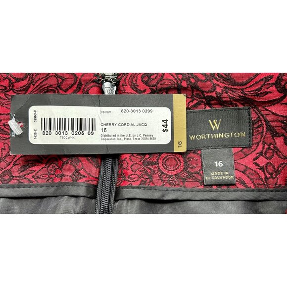Worthington Cherry Cordial Jacquard Skirt Red Black Brocade Gothic Baroque Sz 16 - Picture 5 of 10